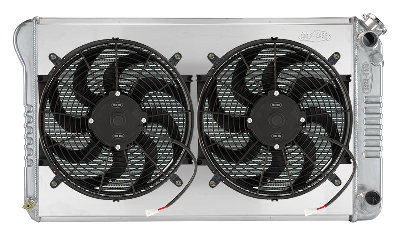 Cold-Case Aluminum LS Swap Radiator w/ Dual 12 in Fan Kit - 34.21 in W x 18.82 in H x 3 in D - Right Side Inlet / Outlet - Polished - Automatic - GM LS-Series - GM Fullsize Truck 1967-76