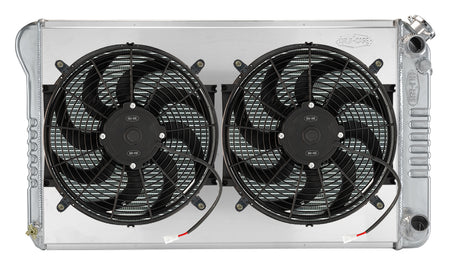 Cold-Case Aluminum LS Swap Radiator w/ Dual 12 in Fan Kit - 34.21 in W x 18.82 in H x 3 in D - Right Side Inlet / Outlet - Polished - Automatic - GM LS-Series - GM Fullsize Truck 1967-76
