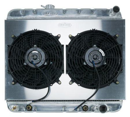 Cold-Case Aluminum Radiator w/ 16" Fan Kit w/ AC - 25.75 in W x 23.5 in H x 3 in D - Right Side Inlet / Outlet - Polished - GM A-Body 1964-65
