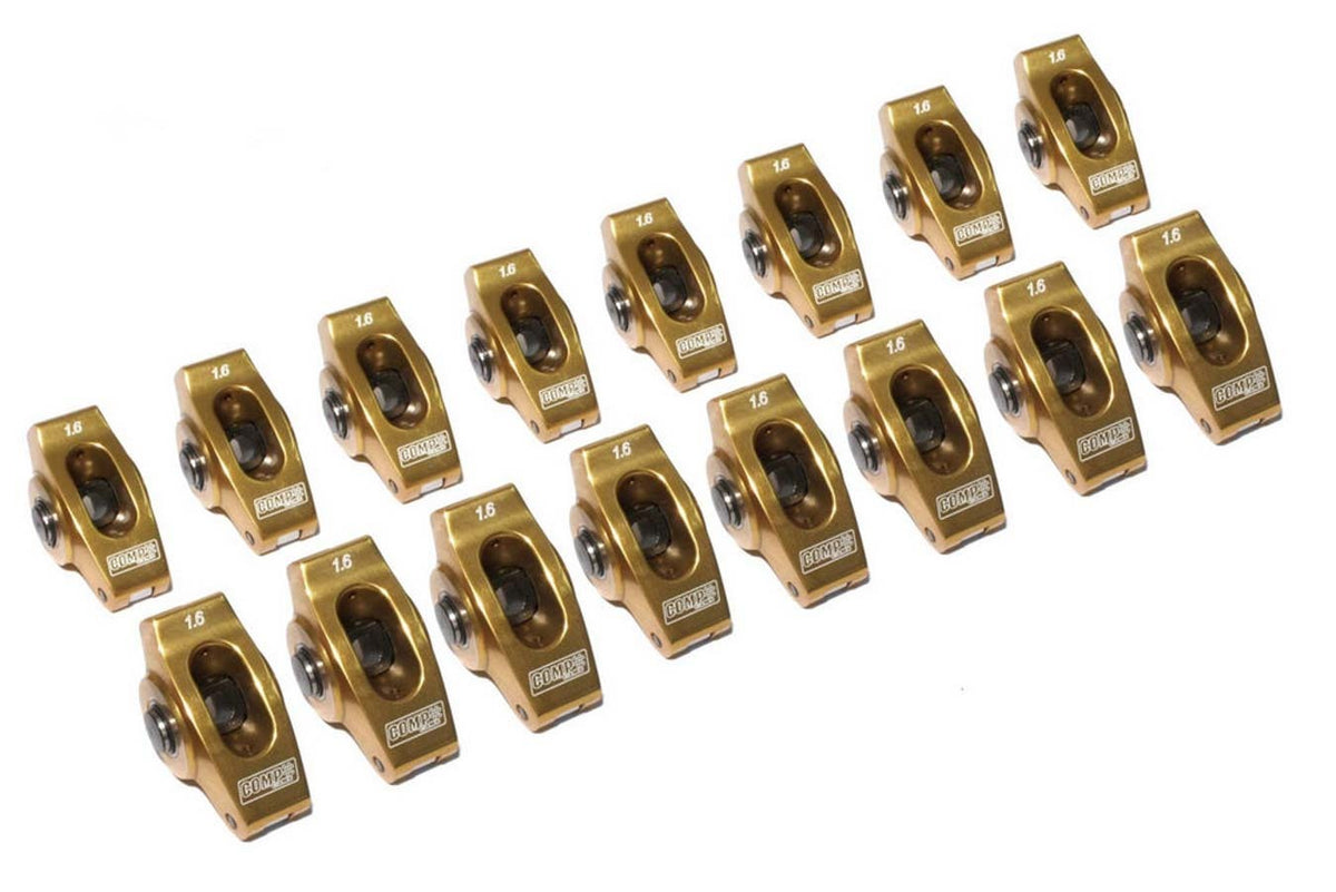 Comp Cams Ultra Gold ARC Aluminum Roller Rocker Arm - 3/8 in Stud Mount - 1.60 Ratio - Gold - Small Block Chevy (Set of 16)