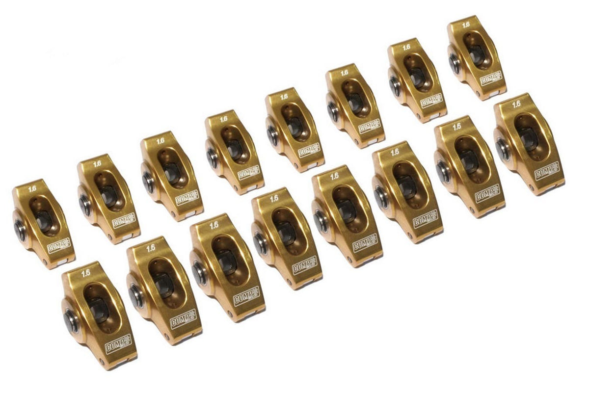 Comp Cams Ultra Gold ARC Aluminum Roller Rocker Arm - 7/16 in Stud Mount - 1.60 Ratio - Gold - Small Block Chevy (Set of 16)