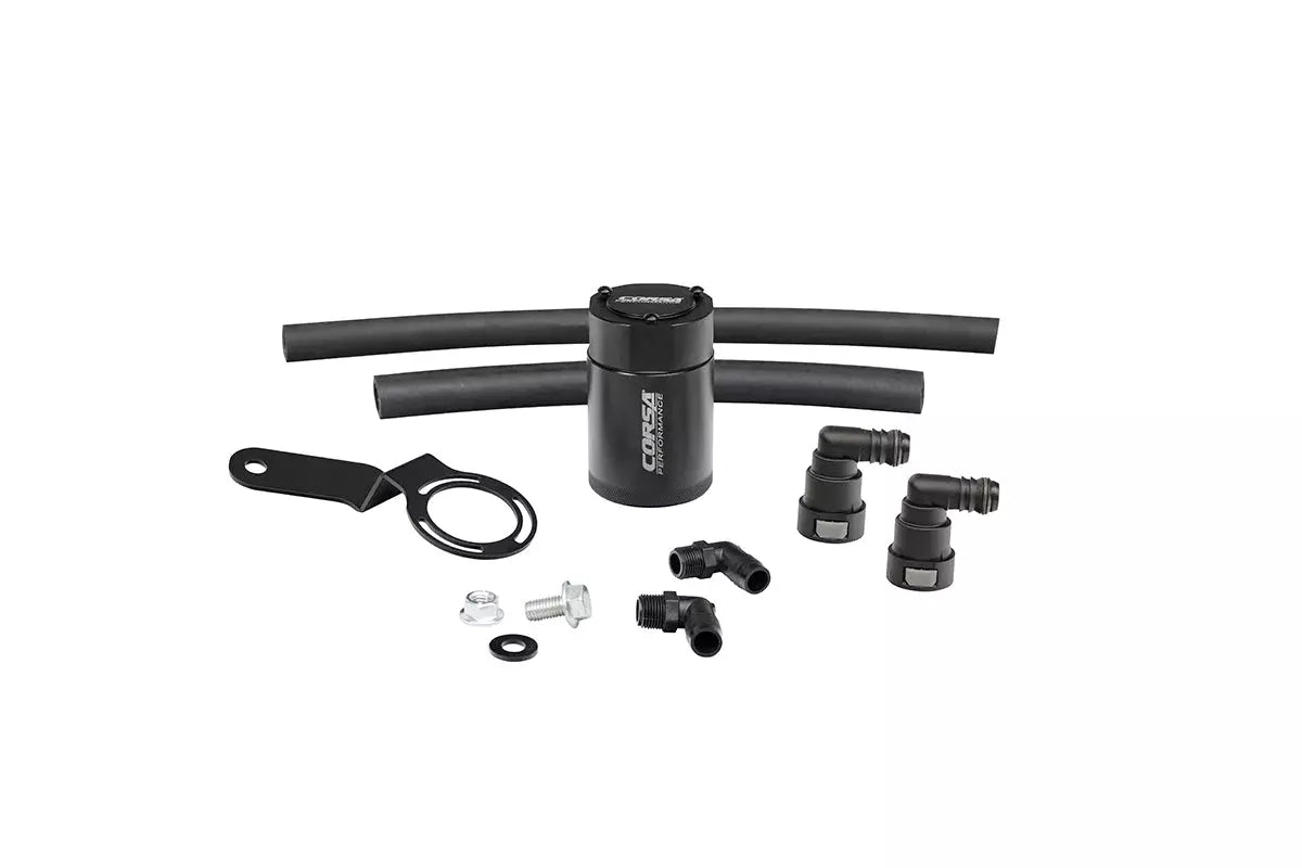 Corsa Oil Catch Can - 3 oz - 2.375 in Diameter - 3.625 in Tall - Black - Ford Mustang 2015-17