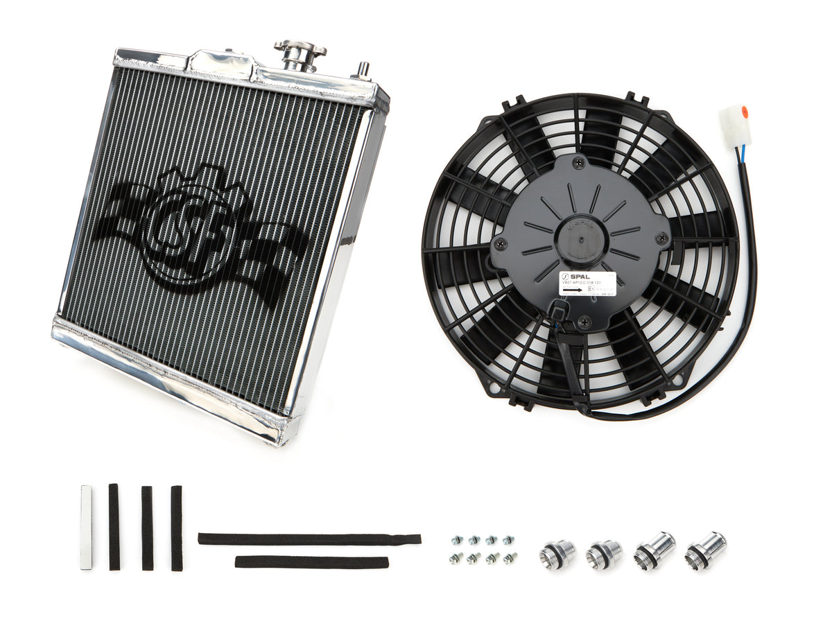 CSF Aluminum Single Pass Half Radiator & Fan Kit - 13.75 in W x 13.625 in H x 1.625 in D - Top Center Inlet - Bottom Center Outlet - Polished