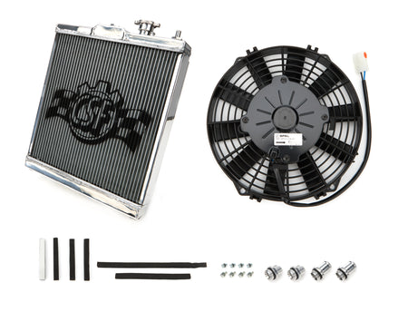 CSF Aluminum Single Pass Half Radiator & Fan Kit - 13.75 in W x 13.625 in H x 1.625 in D - Top Center Inlet - Bottom Center Outlet - Polished