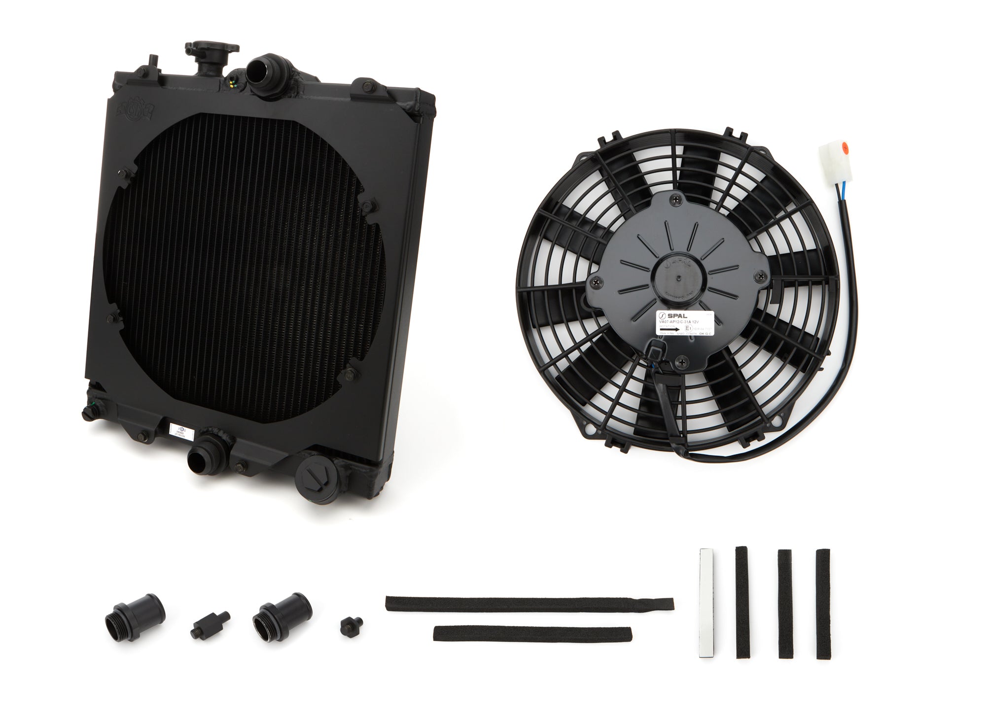CSF Aluminum Single Pass Half Radiator & Fan Kit - 13.75 in W x 13.625 in H x 1.625 in D - Top Center Inlet - Bottom Center Outlet - Black