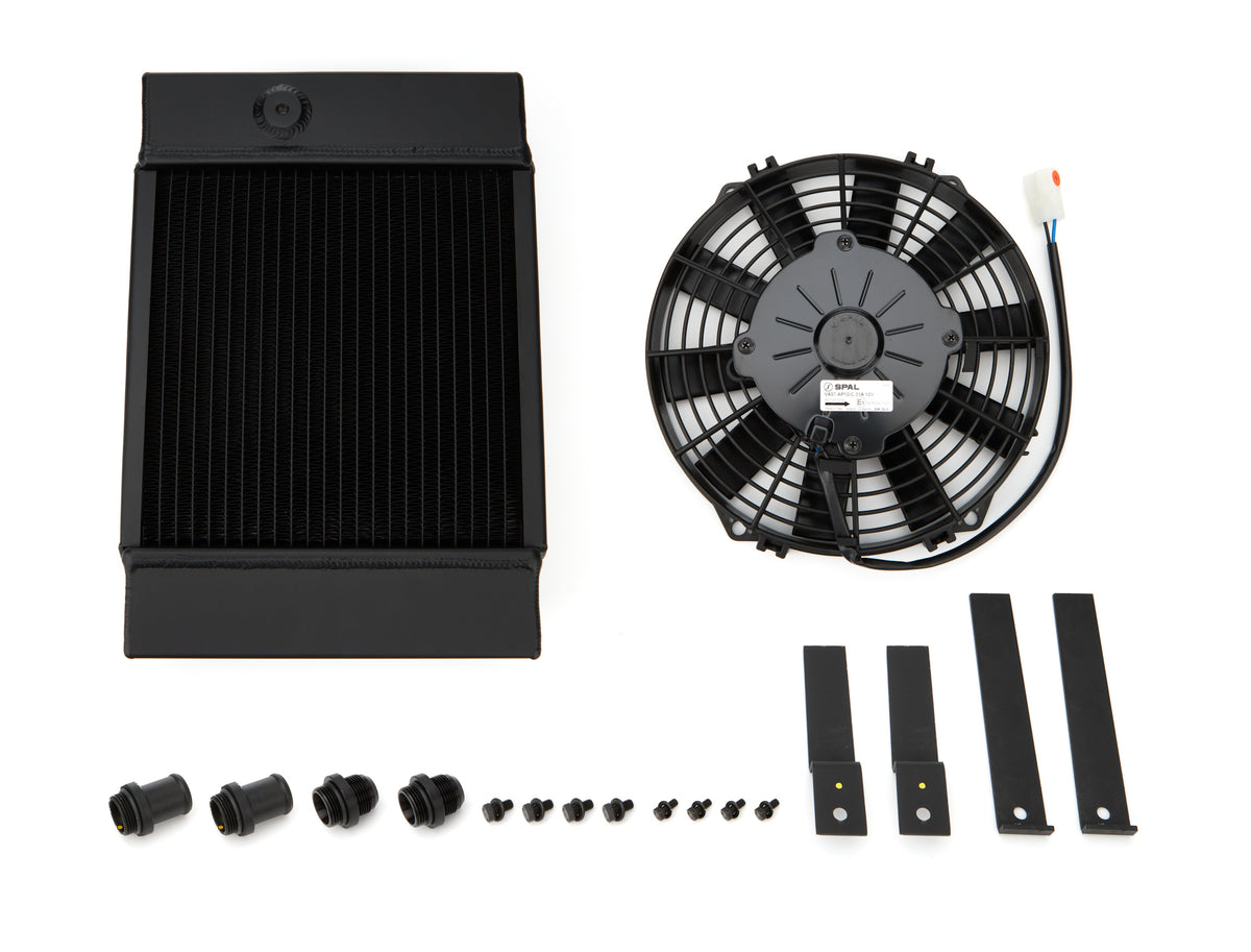 CSF Aluminum Single Pass Drag Race/Tuck Radiator & Fan Kit - 10.5 in W x 14.5 in H x 5.625 in D - Top Center Inlet / Outlet - Black