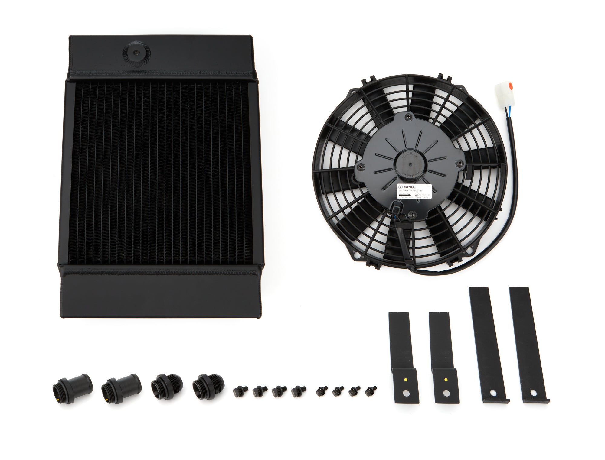 CSF Aluminum Single Pass Drag Race/Tuck Radiator & Fan Kit - 10.5 in W x 14.5 in H x 5.625 in D - Top Center Inlet / Outlet - Black