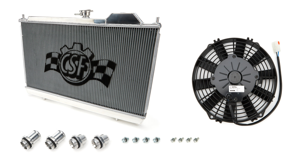 CSF Aluminum Single Pass Radiator & Fan Kit - 27 in W x 14.75 in H x 1.25 in D - Polished - Mitsubishi Lancer 2003-06