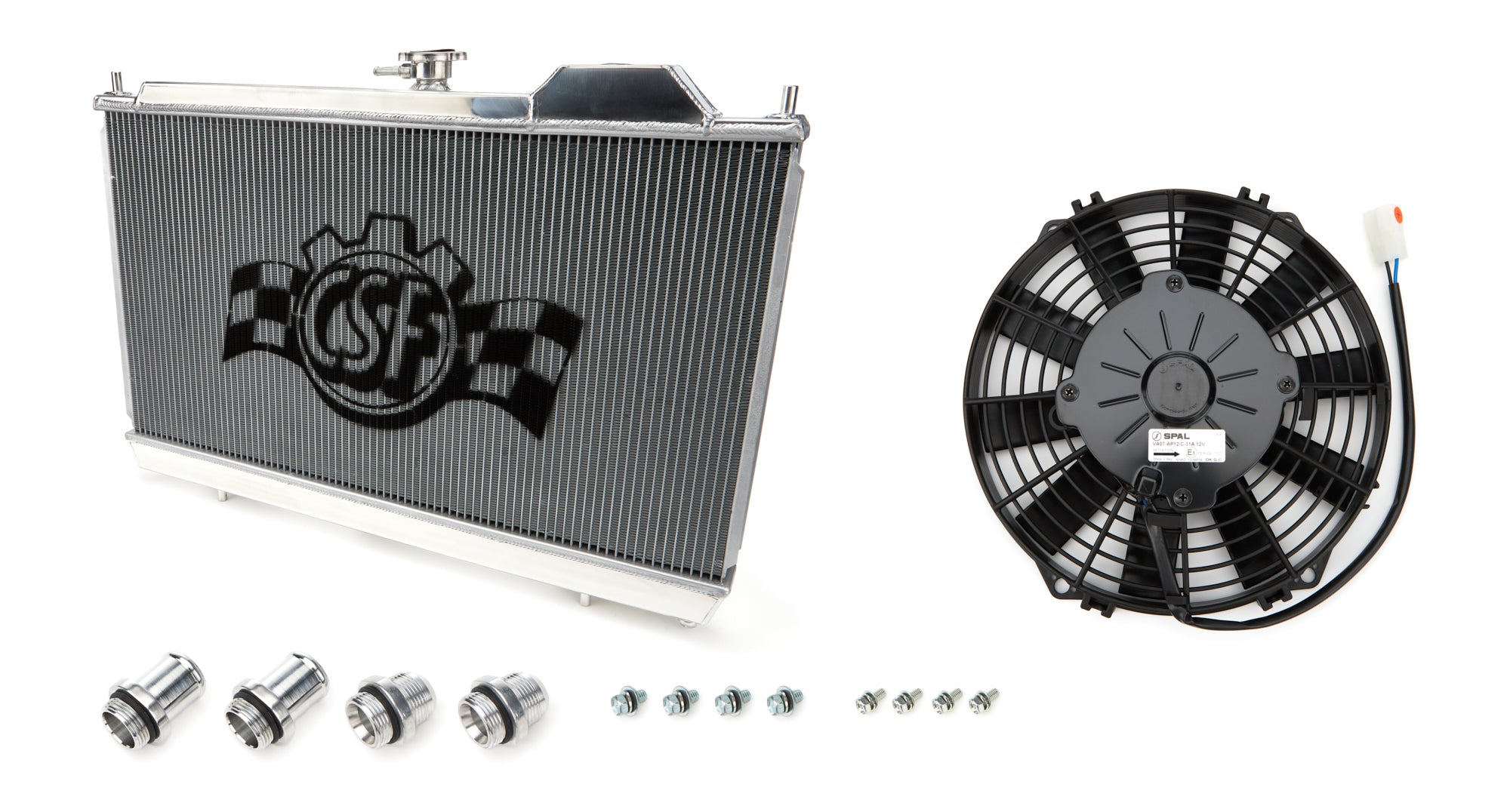 CSF Aluminum Single Pass Radiator & Fan Kit - 27 in W x 14.75 in H x 1.25 in D - Polished - Mitsubishi Lancer 2003-06