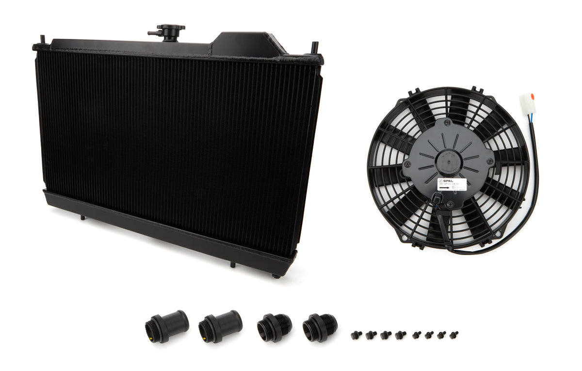 CSF Aluminum Single Pass Radiator & Fan Kit - 27 in W x 14.75 in H x 1.25 in D - Black - Mitsubishi Lancer 2003-06