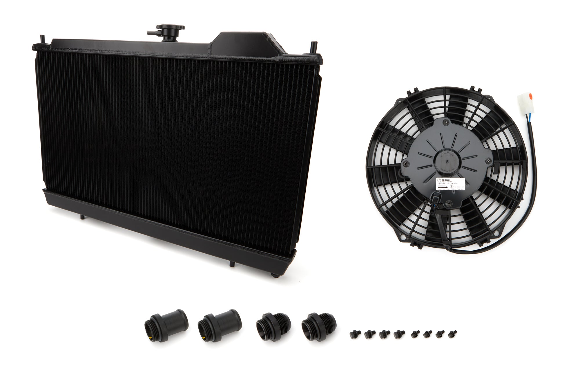 CSF Aluminum Single Pass Radiator & Fan Kit - 27 in W x 14.75 in H x 1.25 in D - Black - Mitsubishi Lancer 2003-06