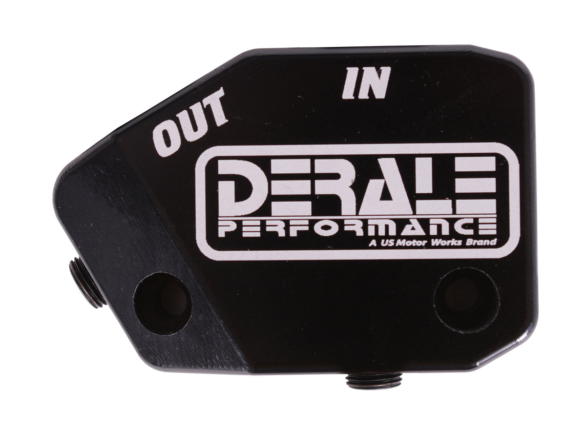 Derale Blockoff Oil Filter Adapter - 10 AN Female O-Ring Inlet and Outlet - Dual 1/8 in NPT Female Ports - Black - GM LS-Series 35611