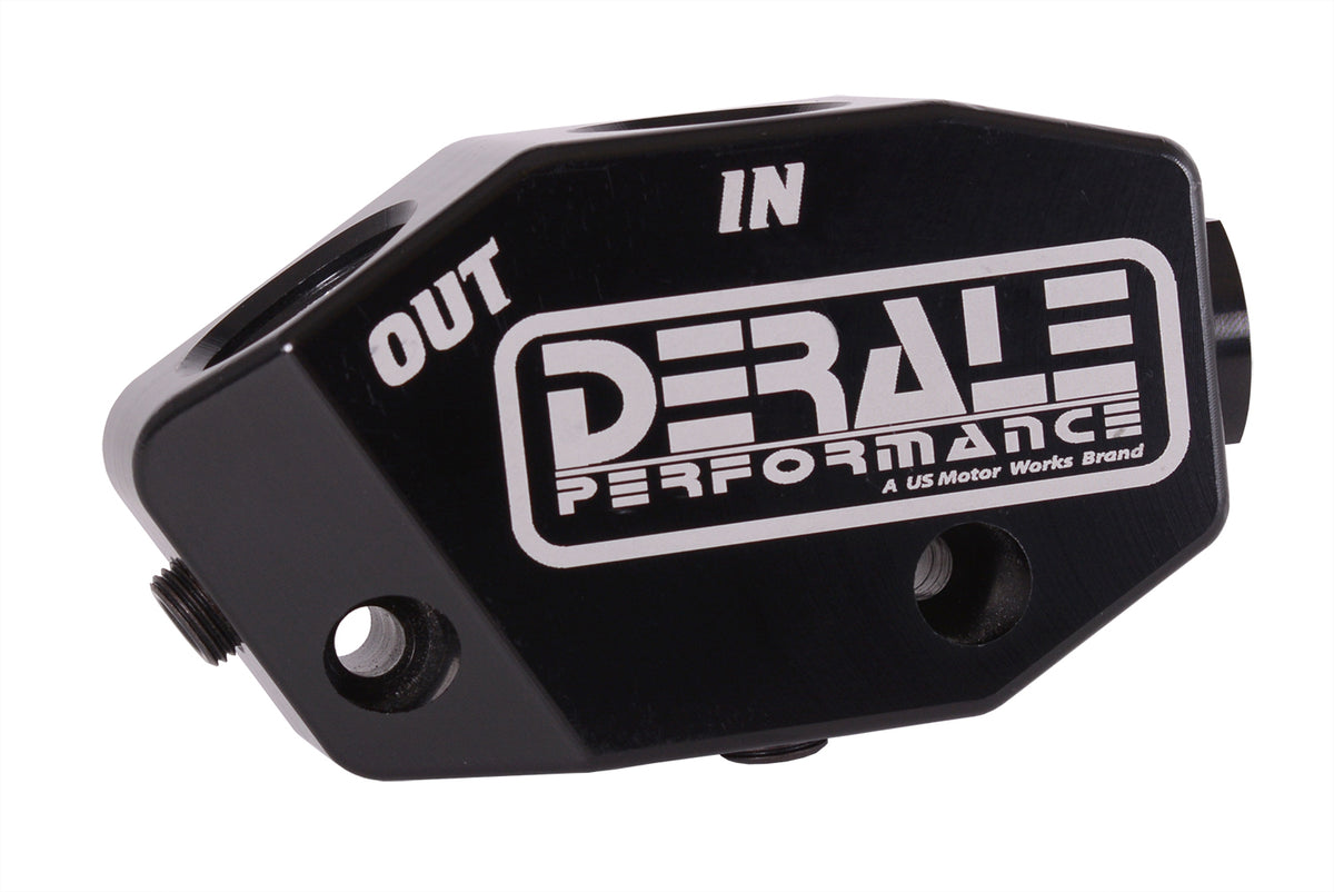Derale Blockoff Oil Filter Adapter - 10 AN Female O-Ring Inlet and Outlet - Dual 1/8 in NPT Female Ports - Black - GM LS-Series 35621