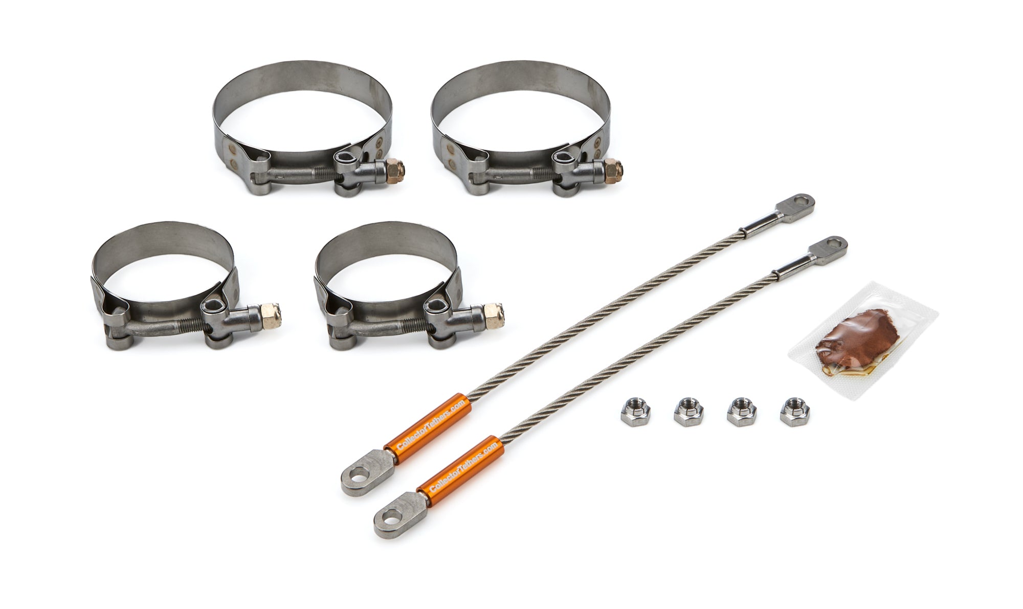 Drag Race Solutions Premium Collector Tethers - 10 in Cable - 2.375 in Primary Clamps - 3.5 in Collector Clamps - 