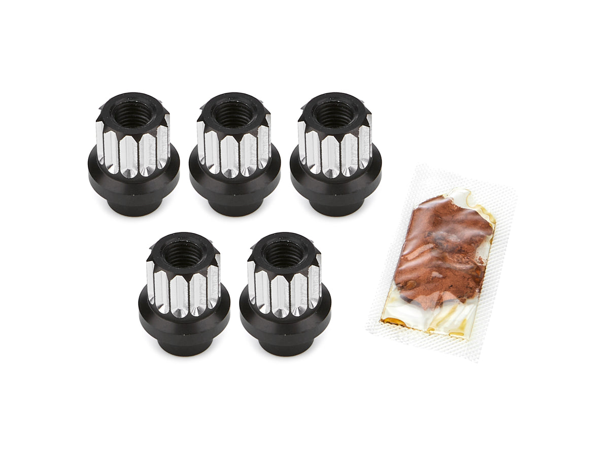 Drag Race Solutions Billet Aluminum Shank Lug Nut - 12 mm x 1.5 Thread - 0.400 in Length Shank - Open End - 12 Point - Black / Silver Machined (Set of 5)
