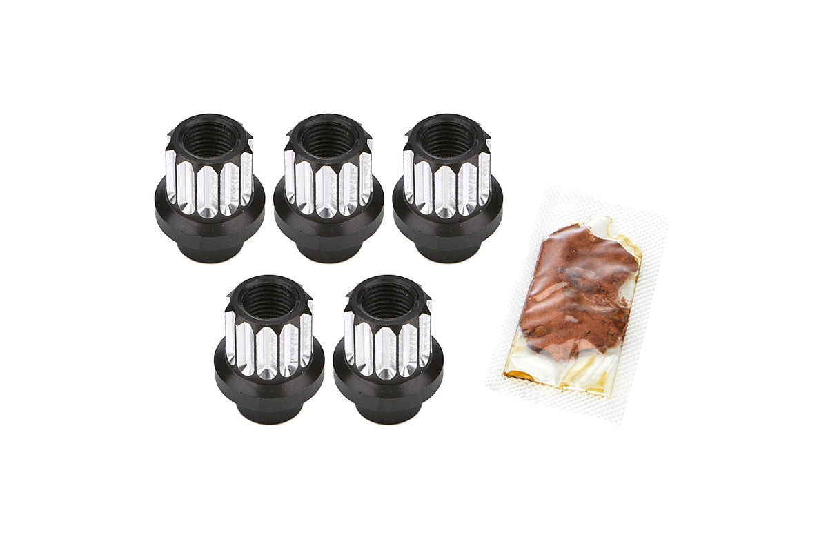 Drag Race Solutions Billet Aluminum Shank Lug Nut - 14 mm x 1.5 Thread - 0.400 in Length Shank - Open End - 12 Point - Black (Set of 5)