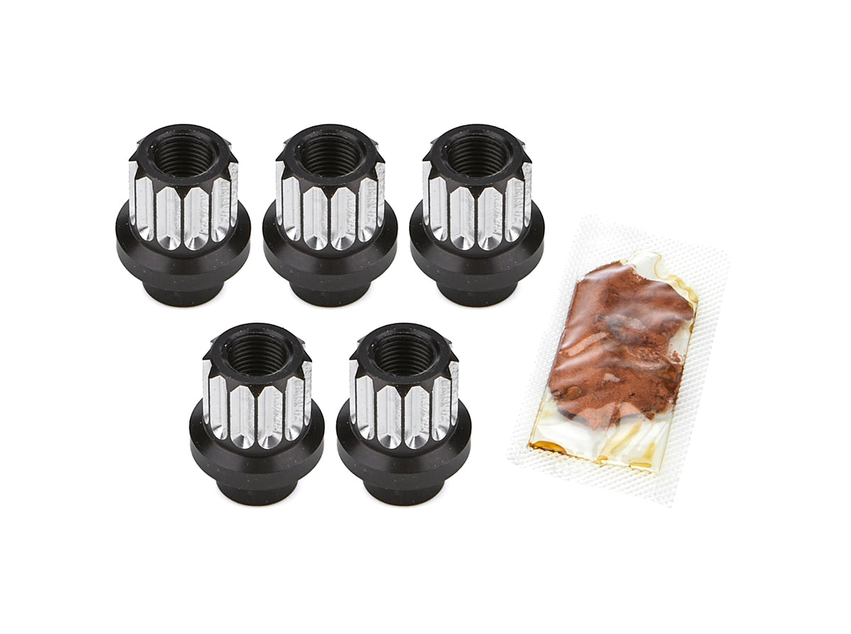 Drag Race Solutions Billet Aluminum Shank Lug Nut - 1/2-20 in Thread - 0.400 in Length Shank - Open End - 12 Point - Black / Silver Machined (Set of 5)