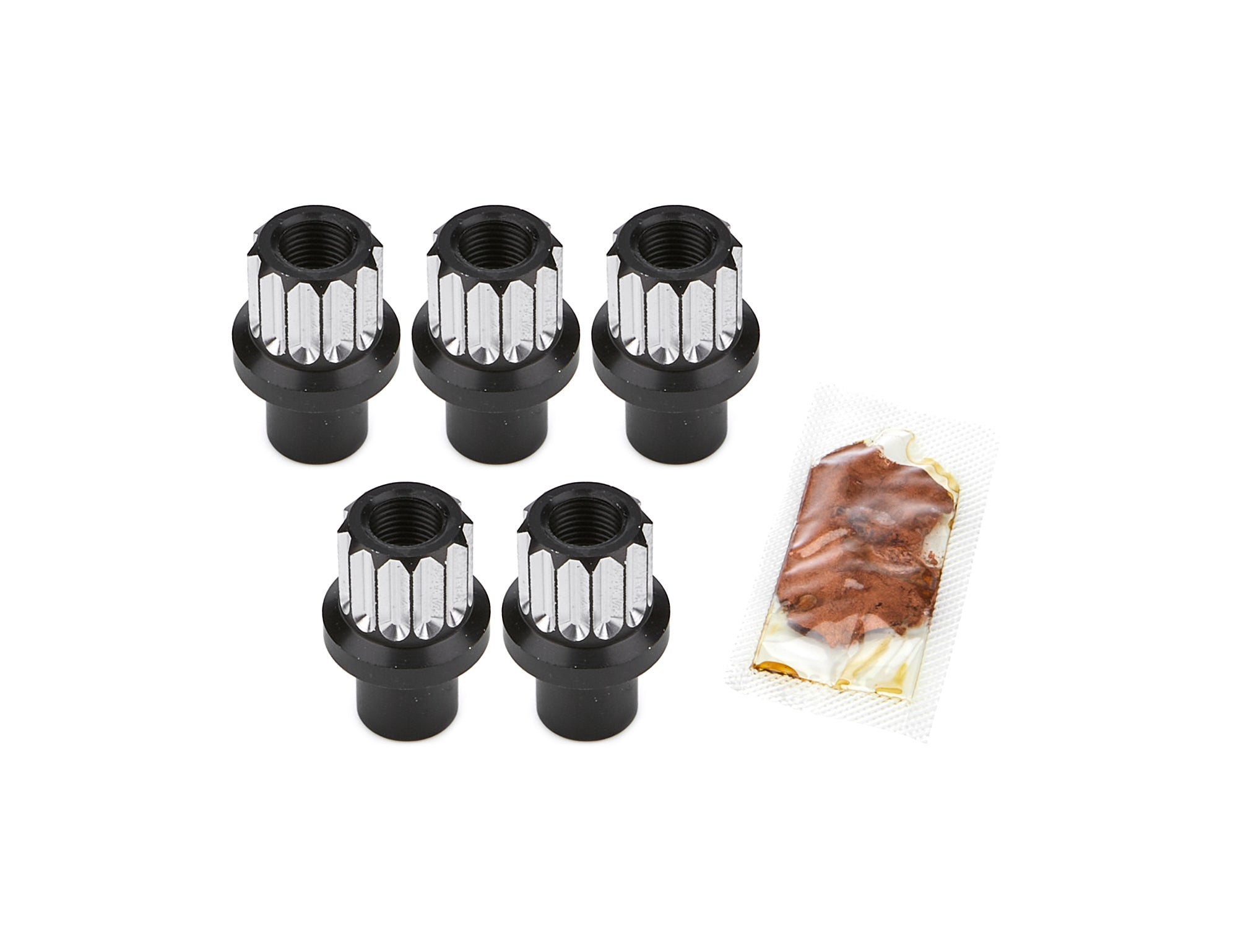 Drag Race Solutions Billet Aluminum Shank Lug Nut - 1/2-20 in Thread - 0.710 in Length Shank - Open End - 12 Point - Black / Silver Machined (Set of 5)