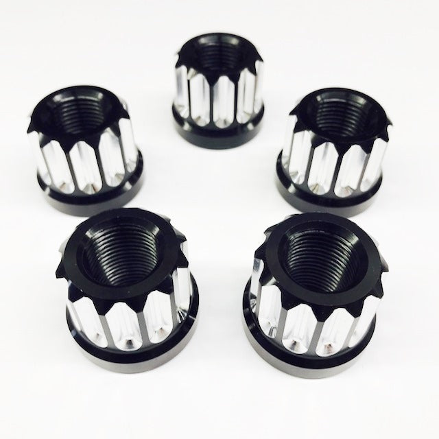 Drag Race Solutions Billet Aluminum Flat Lug Nut - 5/8-18 in Thread - Open End - 12 Point - Black / Silver Machined (Set of 5)