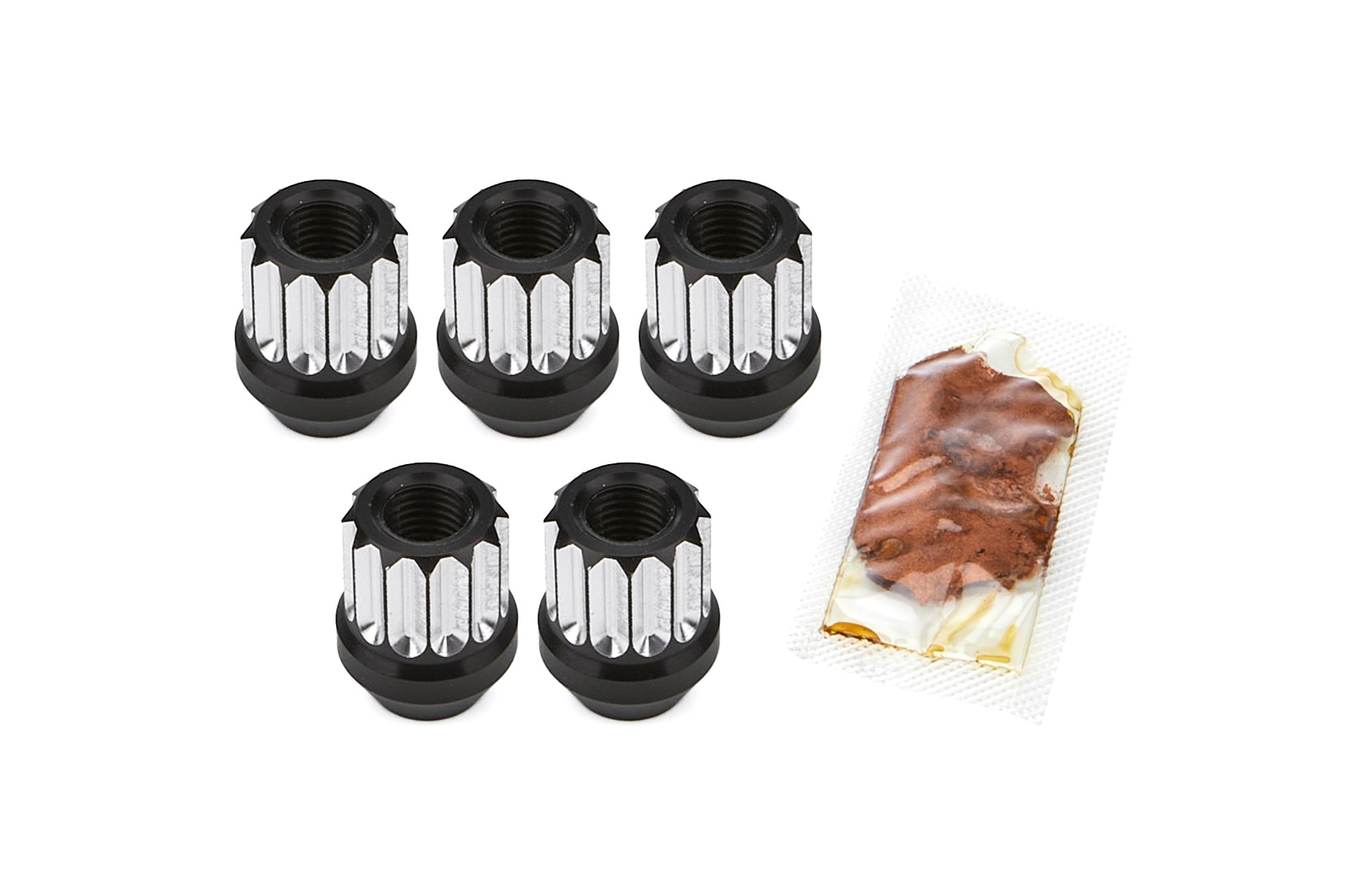 Drag Race Solutions Billet Aluminum Acorn Lug Nut - 12 mm x 1.5 Thread - Open End - 12 Point - Black / Silver Machined (Set of 5)