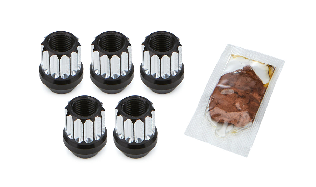 Drag Race Solutions Billet Aluminum Acorn Lug Nut - 14 mm x 1.5 Thread - Open End - 12 Point - Black / Silver Machined (Set of 5)