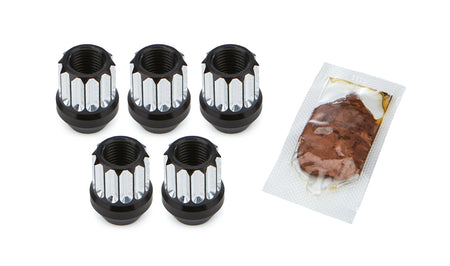Drag Race Solutions Billet Aluminum Acorn Lug Nut - 14 mm x 1.5 Thread - Open End - 12 Point - Black / Silver Machined (Set of 5)
