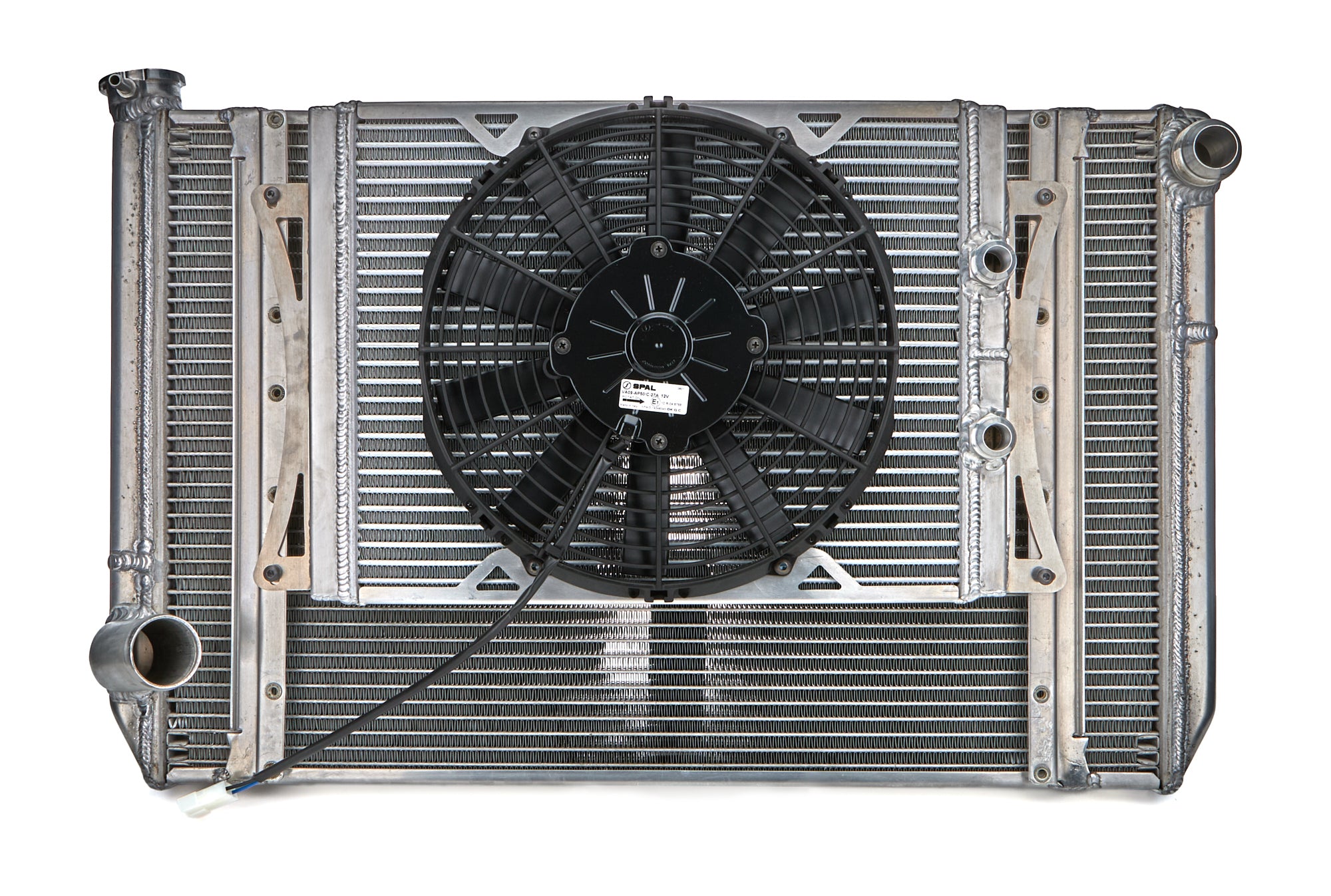 Fluidyne Aluminum Triple Pass Radiator w/ 16" Fan Kit - 28.875 in W x 18 in H x 2 in D - Left Side Inlet - Right Side Outlet - Ford - Super Late Model