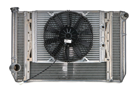 Fluidyne Aluminum Triple Pass Radiator w/ 16" Fan Kit - 28.875 in W x 18 in H x 2 in D - Left Side Inlet - Right Side Outlet - Ford - Super Late Model