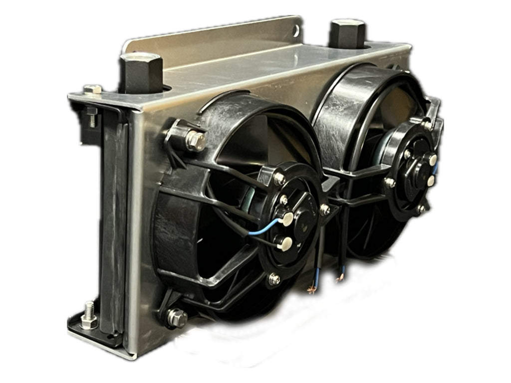 Fluidyne E-Line Stacked Plate Oil Cooler and Fan - 13 x 7.7 x 2 in - 10 AN Female O-Ring Inlet / Outlet - Black