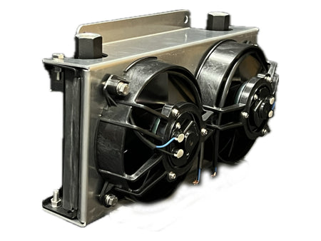Fluidyne E-Line Stacked Plate Oil Cooler and Fan - 13 x 7.7 x 2 in - 10 AN Female O-Ring Inlet / Outlet - Black