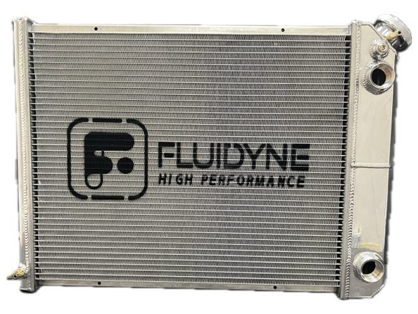 Fluidyne Aluminum Dual Pass Radiator - 29.25 in W x 19.125 in H x 3 in D - Right Side Inlet - Right Side Outlet - Polished - GM LS-Series - Ford Mustang 1979-93