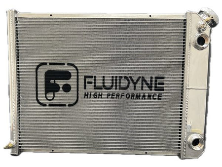 Fluidyne Aluminum Dual Pass Radiator - 29.25 in W x 19.125 in H x 3 in D - Right Side Inlet - Right Side Outlet - Polished - GM LS-Series - Ford Mustang 1979-93