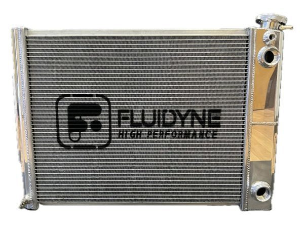 Fluidyne Aluminum Dual Pass Radiator - 26 in W x 18.5 in H x 3 in D - Right Side Inlet - Right Side Outlet - Polished - GM LS-Series - GM A-Body 1964-67 / GM X-Body 1962-79