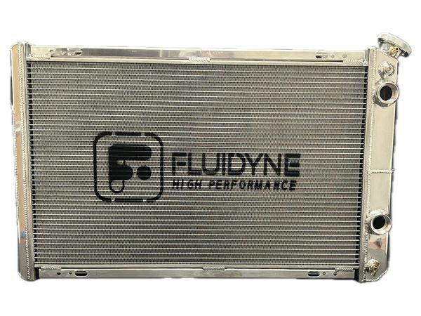 Fluidyne Aluminum Dual Pass Radiator - 30 in W x 20 in H x 3 in D - Right Side Inlet - Right Side Outlet - Polished - GM LS-Series - GM F-Body 1982-92