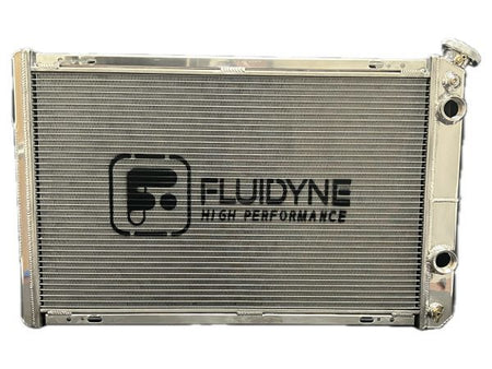 Fluidyne Aluminum Dual Pass Radiator - 30 in W x 20 in H x 3 in D - Right Side Inlet - Right Side Outlet - Polished - GM LS-Series - GM F-Body 1982-92