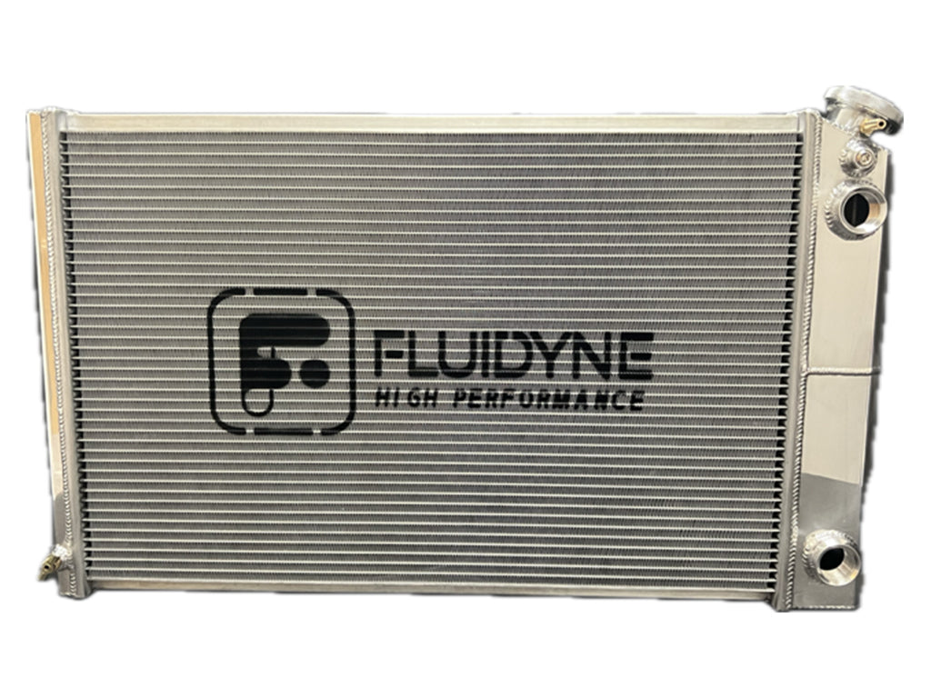 Fluidyne Aluminum Dual Pass Radiator - 31 in W x 18.5 in H x 2.75 in D - Right Side Inlet - Right Side Outlet - Polished - GM LS-Series - GM F-Body 1970-81 / GM G-Body 1978-87