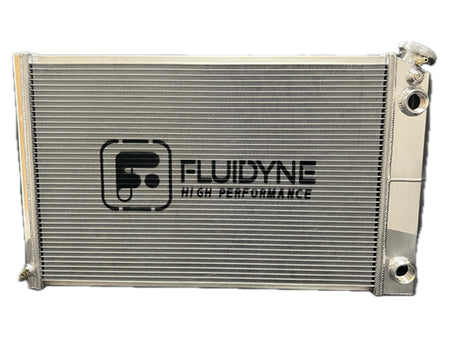 Fluidyne Aluminum Dual Pass Radiator - 31 in W x 18.5 in H x 2.75 in D - Right Side Inlet - Right Side Outlet - Polished - GM LS-Series - GM F-Body 1970-81 / GM G-Body 1978-87