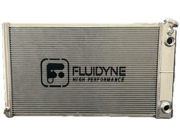 Fluidyne Aluminum Dual Pass Radiator - 33 in W x 18.5 in H x 3 in D - Right Side Inlet - Right Side Outlet - Polished - GM LS-Series - GM A-Body 1968-72 / GM Fullsize Truck 1973-87