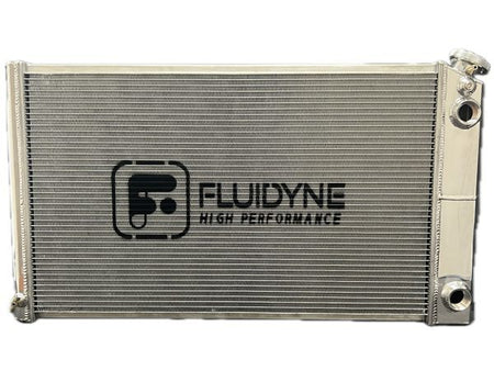 Fluidyne Aluminum Dual Pass Radiator - 33 in W x 18.5 in H x 3 in D - Right Side Inlet - Right Side Outlet - Polished - GM LS-Series - GM A-Body 1968-72 / GM Fullsize Truck 1973-87