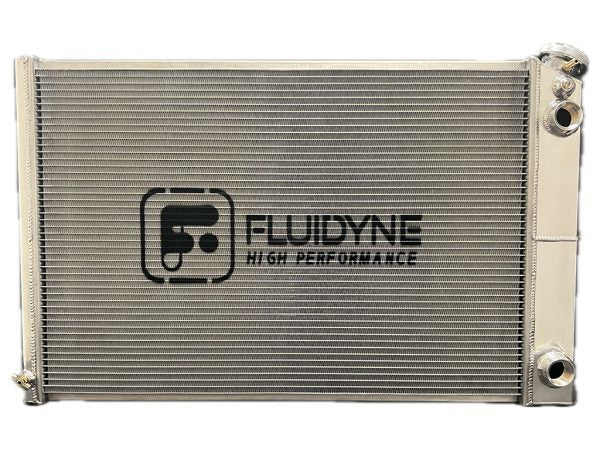 Fluidyne Aluminum Dual Pass Radiator - 33 in W x 20.25 in H x 3 in D - Right Side Inlet - Right Side Outlet - Polished - GM LS-Series - GM Fullsize Truck 1973-87