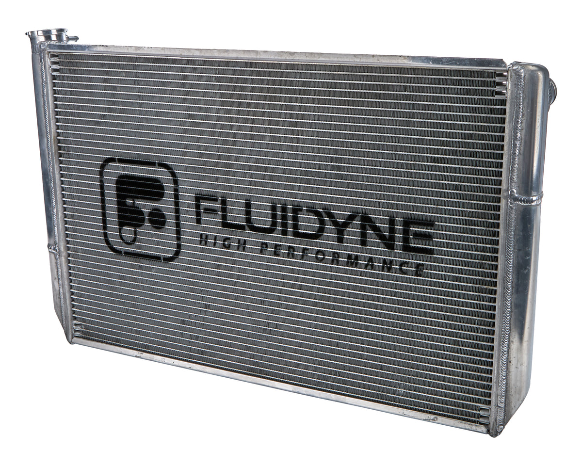 Fluidyne Aluminum Triple Pass Radiator - 28.875 in W x 18 in H x 2 in D - Right Side Inlet - Left Side Outlet - Chevy - Super Late Model RGM.SLM.OPEN.TP