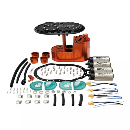 DeatschWerks 2.0 L Staged Surge Tank - DW400 Fuel Pumps - Black / Orange