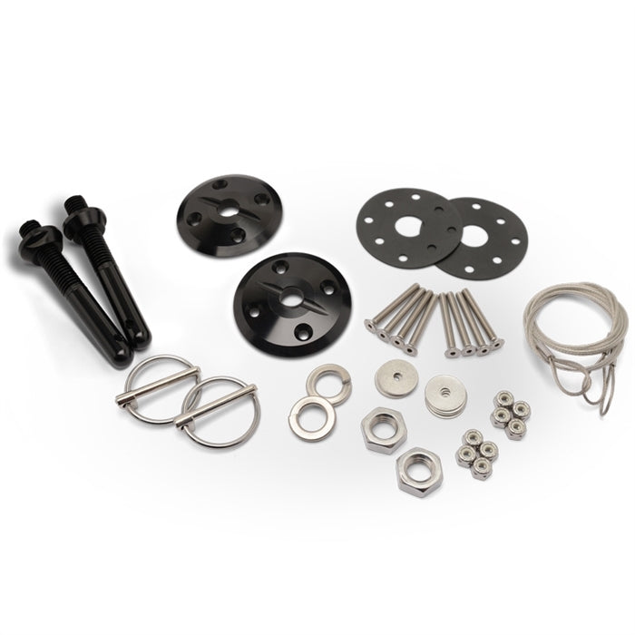 Eddie Motorsports Billet Aluminum Hood Pin Kit - 0.5 in OD x 4 in Long - 2.5 in OD Scuff Plates - Torsion Clips - Black