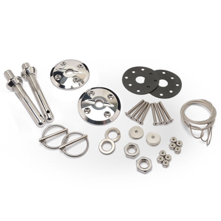 Eddie Motorsports Billet Aluminum Hood Pin Kit - 0.5 in OD x 4 in Long - 2.5 in OD Scuff Plates - Torsion Clips - Polished