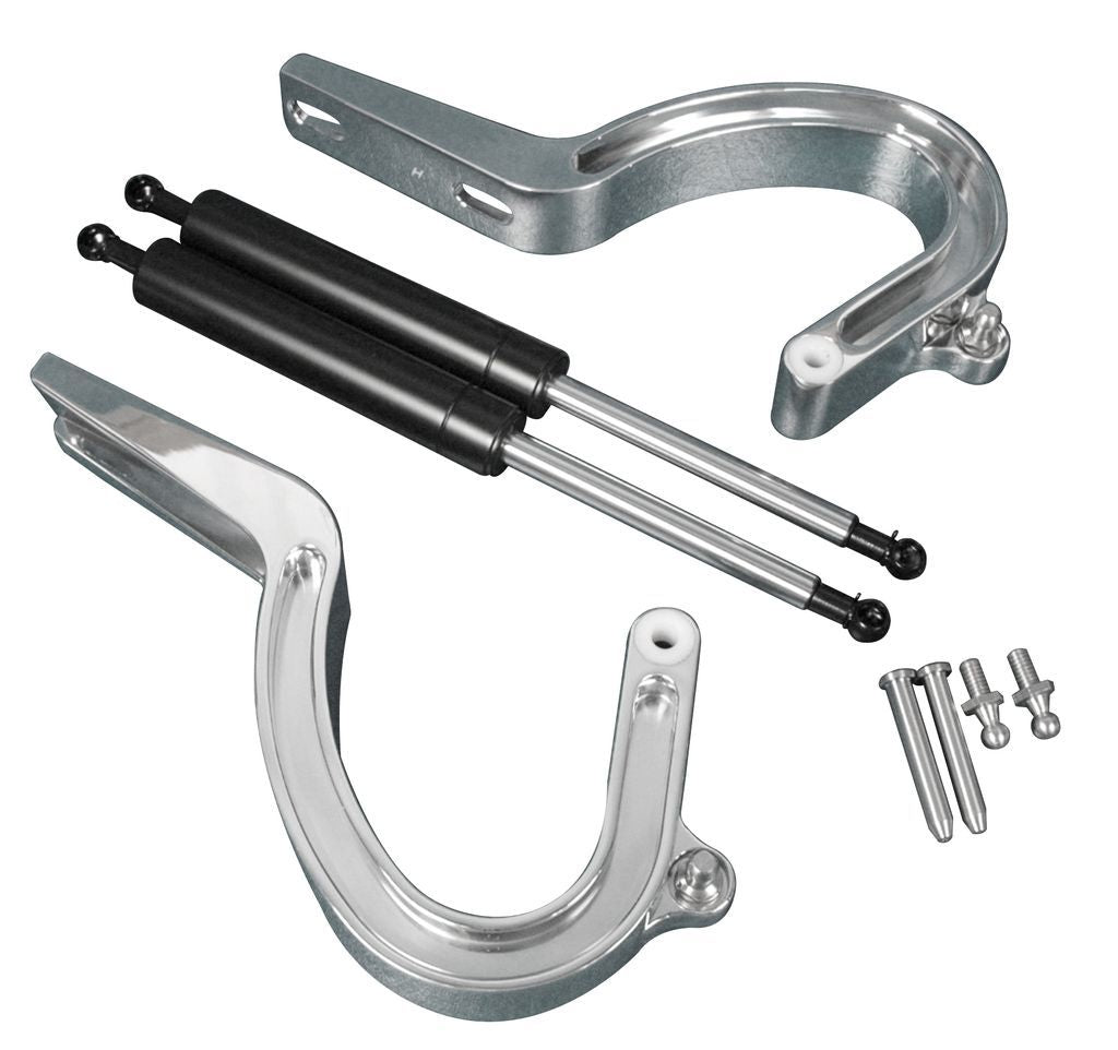 Eddie Motorsports Billet Aluminum Trunk Hinges - Black Gas Struts - Polished - 2 Door - GM Fullsize Car 1955-57 (Pair)