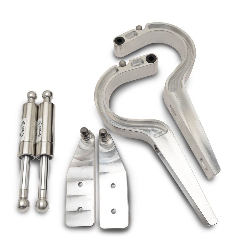 Eddie Motorsports Billet Aluminum Trunk Hinges - Black Gas Struts - Machined - GM B-Body 1963-64 (Pair)