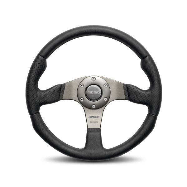 Momo Race Steering Wheel - 320 mm Diameter - 40 mm Dish - 3-Spoke - Black Leather Grip - Gray Anodized