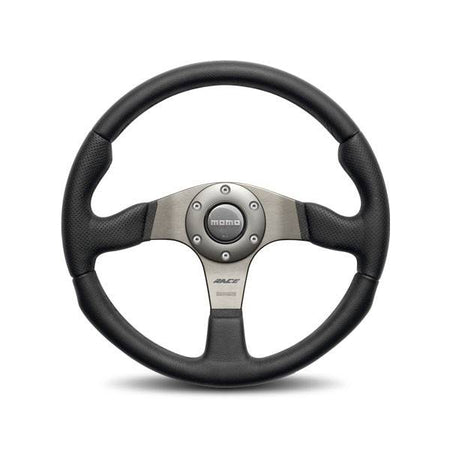 Momo Race Steering Wheel - 320 mm Diameter - 40 mm Dish - 3-Spoke - Black Leather Grip - Gray Anodized