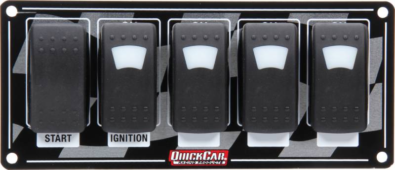 QuickCar Dash Mount Switch Panel - 7 x 3 in - 4 Rockers / 1 Momentary Rocker - Indicator Lights - Checkered