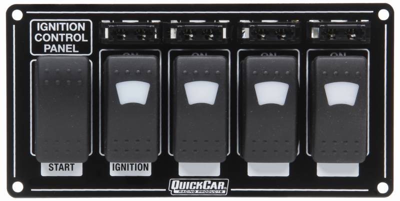 QuickCar Dash Mount Switch Panel - 7 x 3.5 in - 4 Rockers / 1 Momentary Rocker - Lighted - Fused - Black